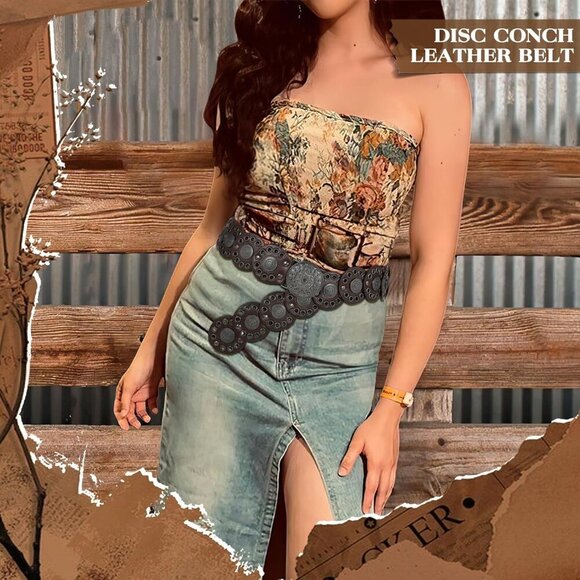 Women Vintage Disc Waist Concho Leather Belt Boho Waist Belt Coffee Black Buckle